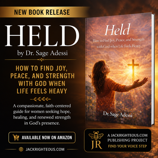 Held by Dr. Sage Adessi book cover with a woman reaching toward a glowing cross in golden light.