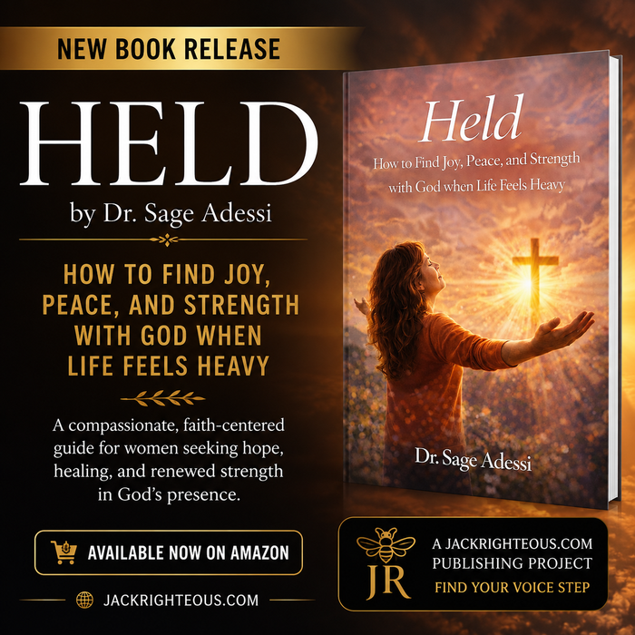 Held by Dr. Sage Adessi book cover with a woman reaching toward a glowing cross in golden light.