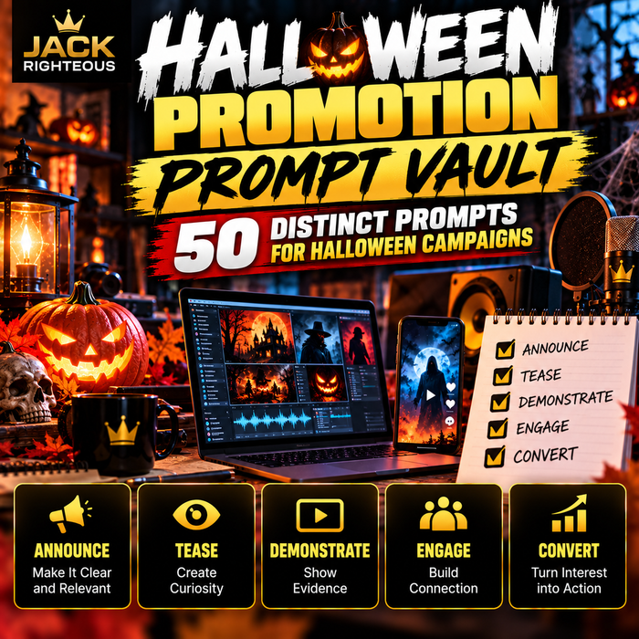 Halloween Promotion Prompt Vault with campaign prompts organized by creator job — JackRighteous.com cover