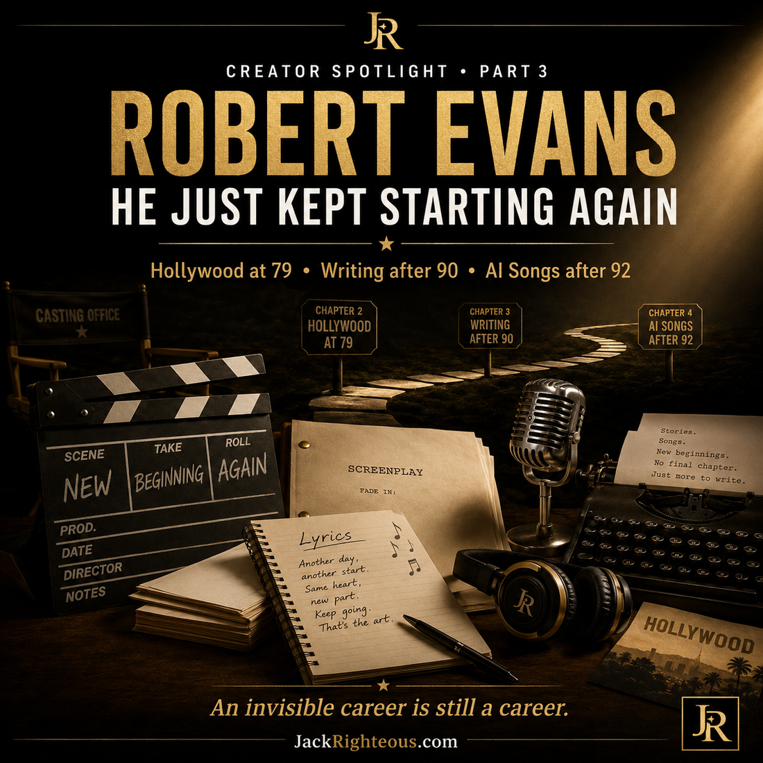 Promotional image for Robert Evans featuring a microphone, clapperboard, and screenplay on a dark background.