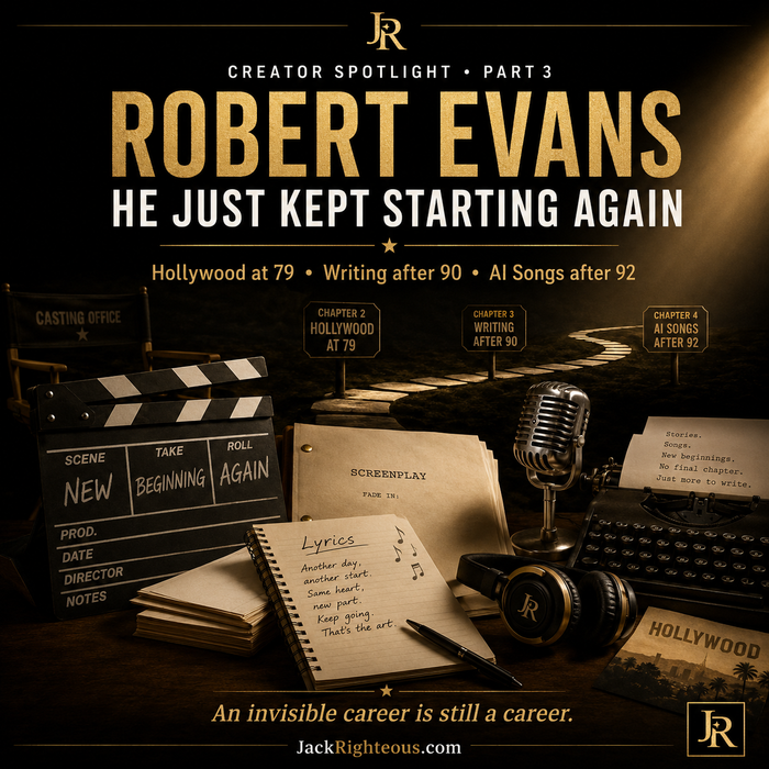 Promotional image for Robert Evans featuring a microphone, clapperboard, and screenplay on a dark background.