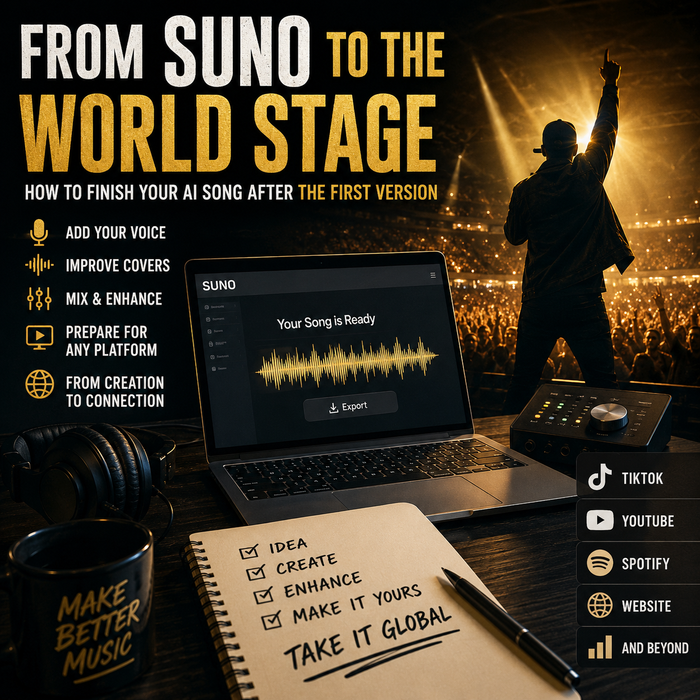 Laptop with music software on a desk with a person on stage in the background, promoting music production software.