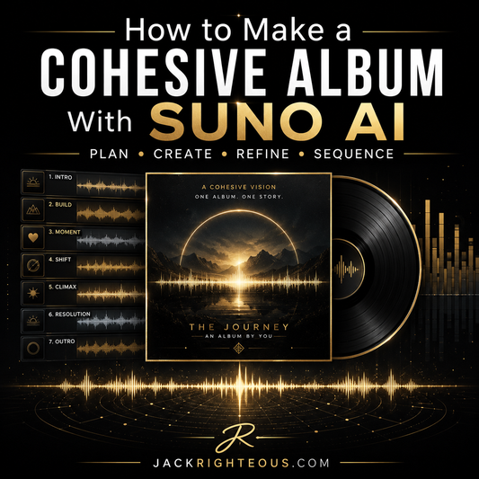 Promotional graphic for making a cohesive album with SUNO AI, featuring an album cover and audio waveform design.