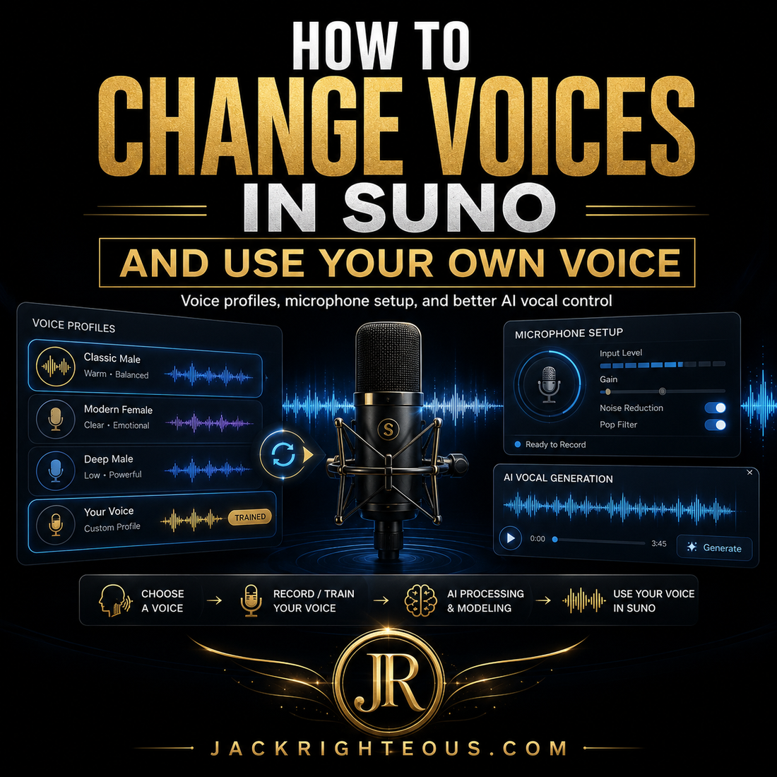 Instructional graphic on how to change voices in Suno with a microphone and audio waveforms.