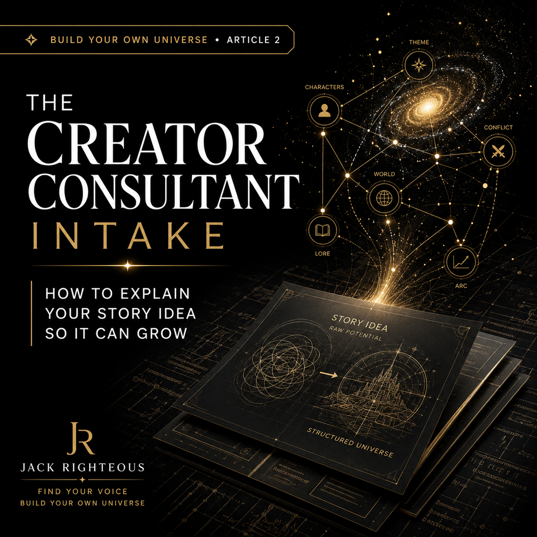 Promotional graphic for 'The Creator Consultant Intake' with cosmic design elements and text.