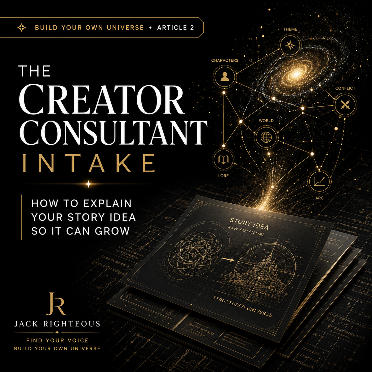 Promotional graphic for 'The Creator Consultant Intake' with cosmic design elements and text.