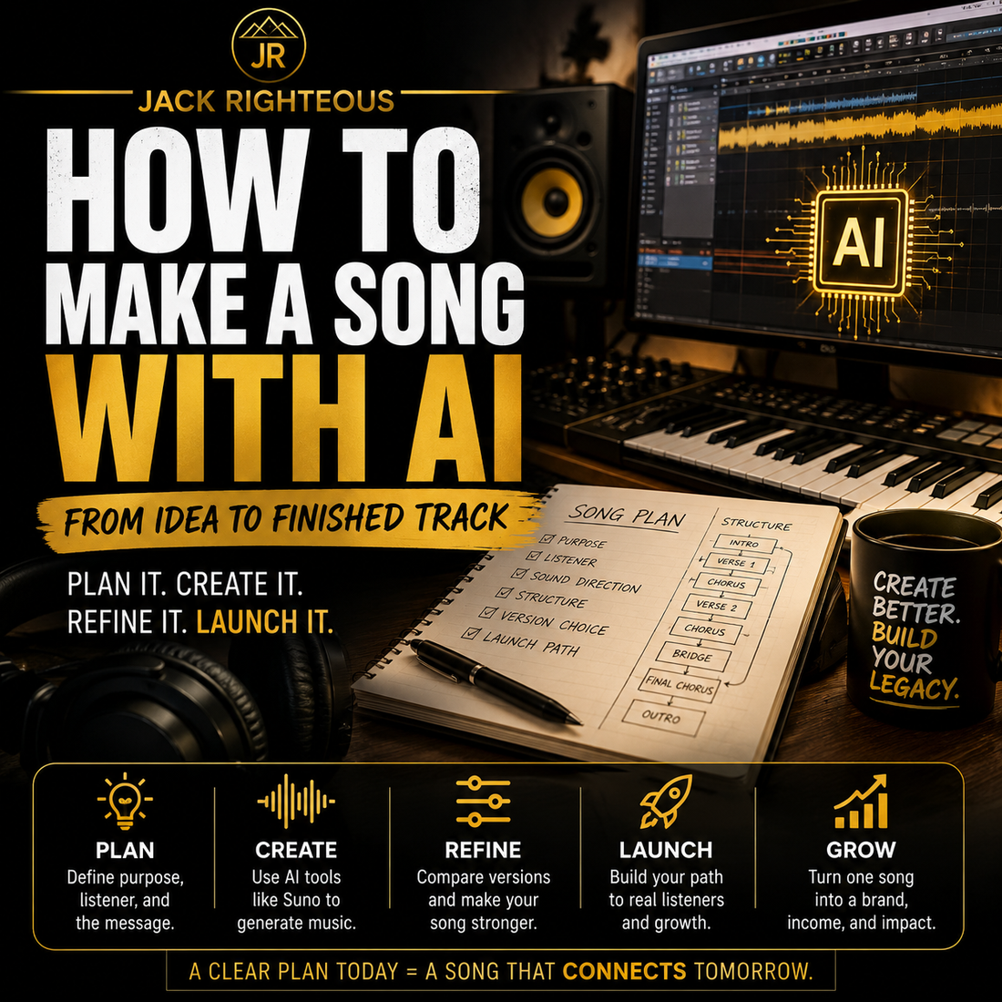 Promotional graphic for 'How to Make a Song with AI' by Jack Righteous, featuring music production equipment and text.