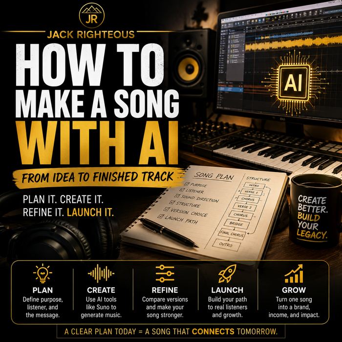 Promotional graphic for 'How to Make a Song with AI' by Jack Righteous, featuring music production equipment and text.