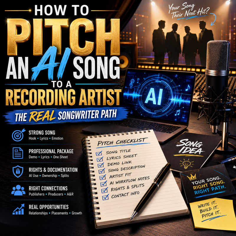 Promotional graphic for pitching an AI song to a recording artist with text and visual elements.