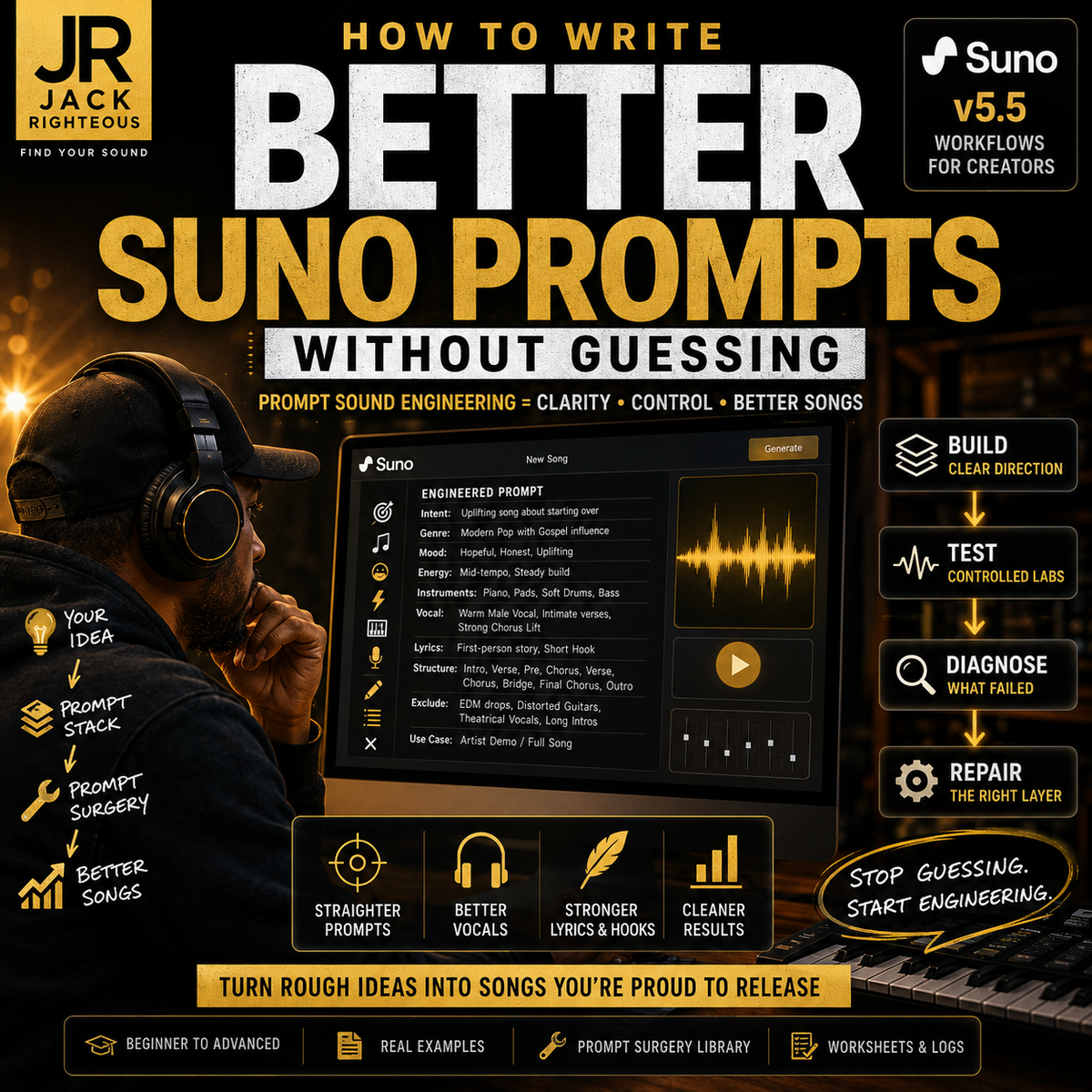 Promotional graphic for writing better Suno prompts with a person wearing headphones and a piano.