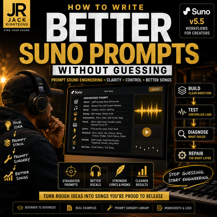 Promotional graphic for writing better Suno prompts with a person wearing headphones and a piano.