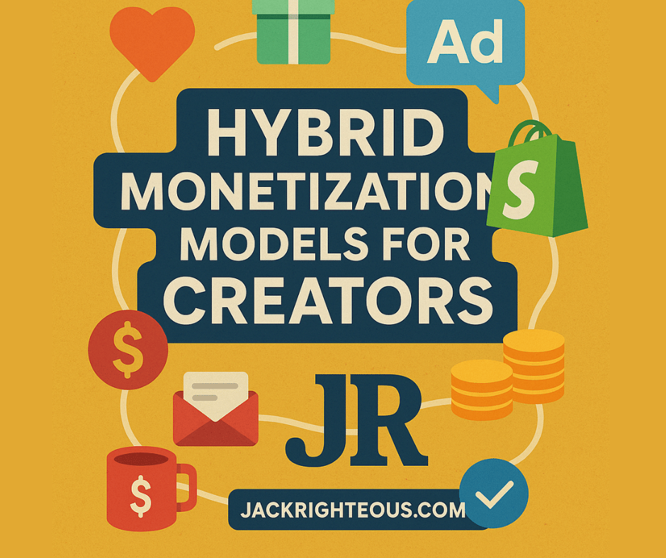 Cover showing multiple monetization icons connected by lines with JR branding for a hybrid creator income guide.