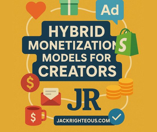 Cover showing multiple monetization icons connected by lines with JR branding for a hybrid creator income guide.