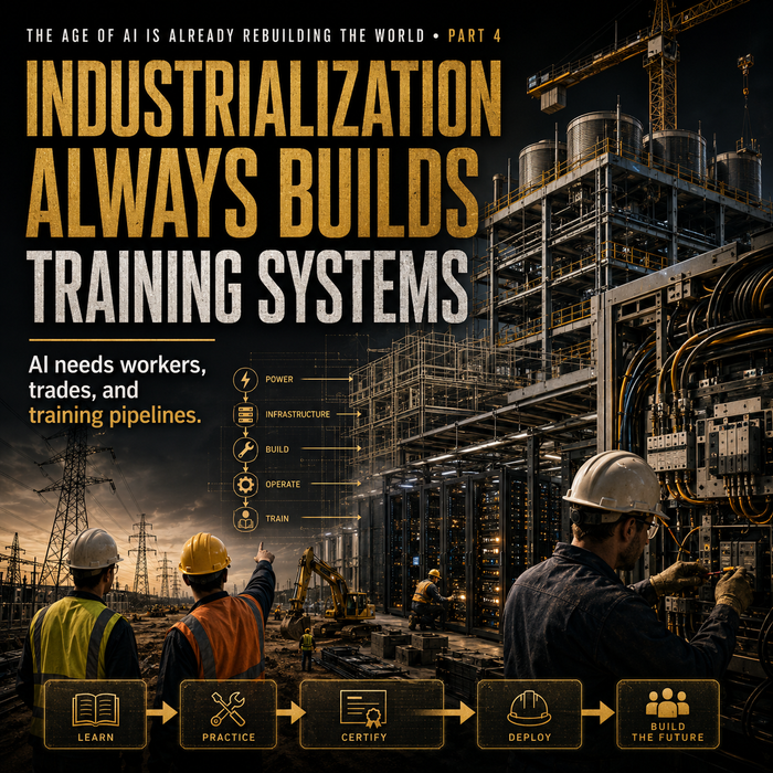 Industrial setting with workers and text about AI and industrialization, featuring a dark color scheme.