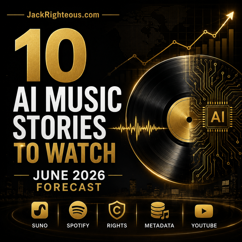 Promotional graphic for '10 AI Music Stories to Watch' forecast in June 2026, featuring a vinyl record with an AI chip and related icons.