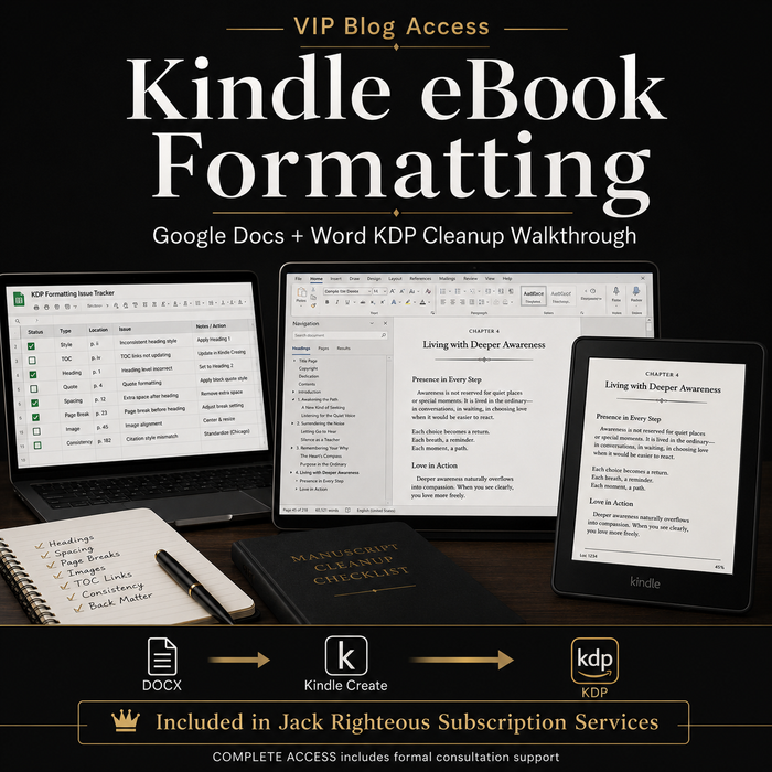 Promotional image for Kindle eBook Formatting with screens showing document editing and a Kindle device.