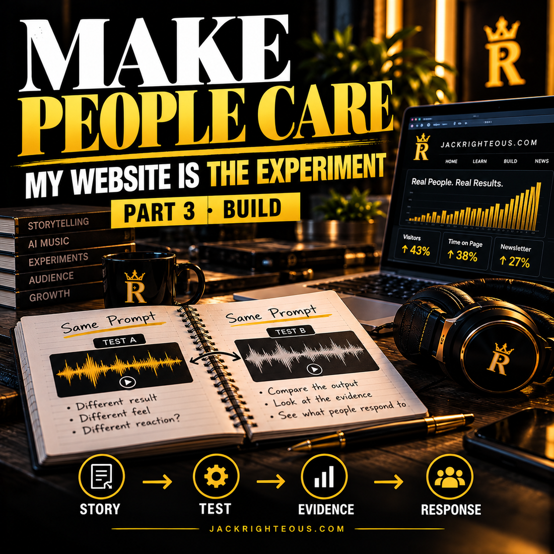 Jack Righteous Make People Care series part three cover about testing creator engagement on his own website.