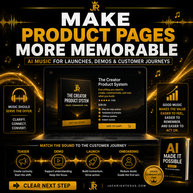 Promotional graphic for AI music services to make product pages more memorable, with a laptop and text overlay on a dark background.
