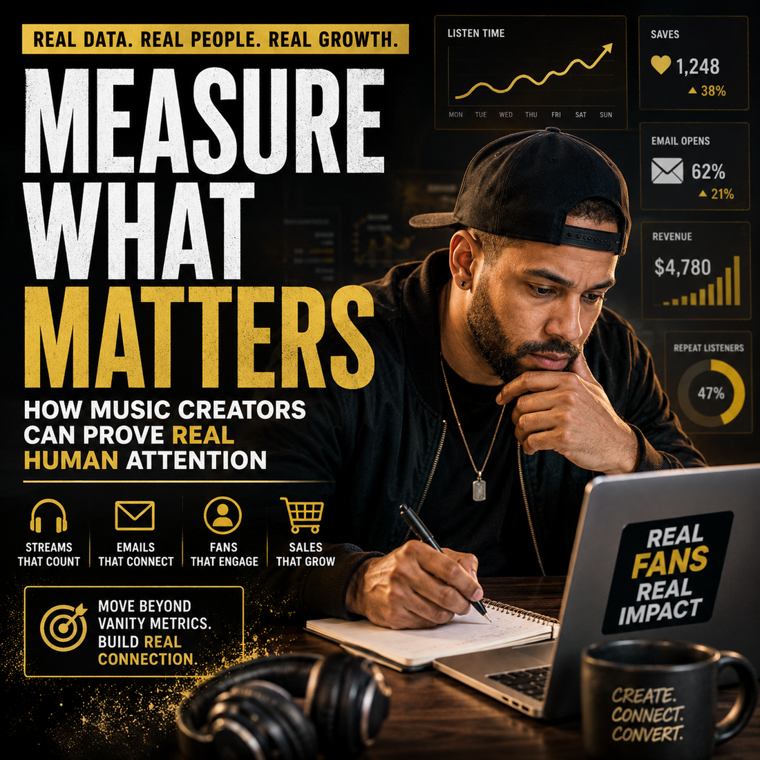 Man working on a laptop with promotional text about measuring music creator success.