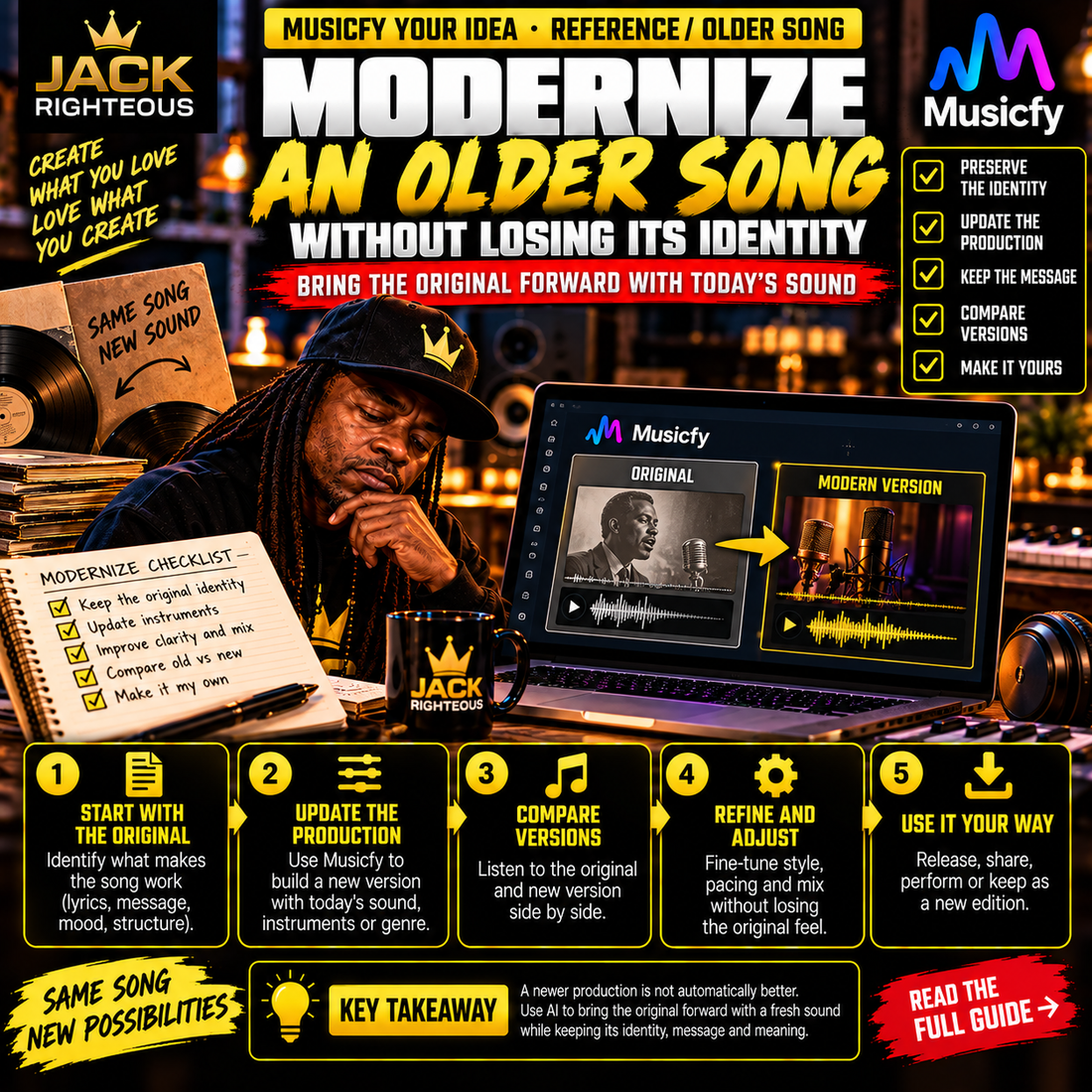 Jack Righteous Musicfy tutorial cover about modernizing an older song while preserving its musical identity.