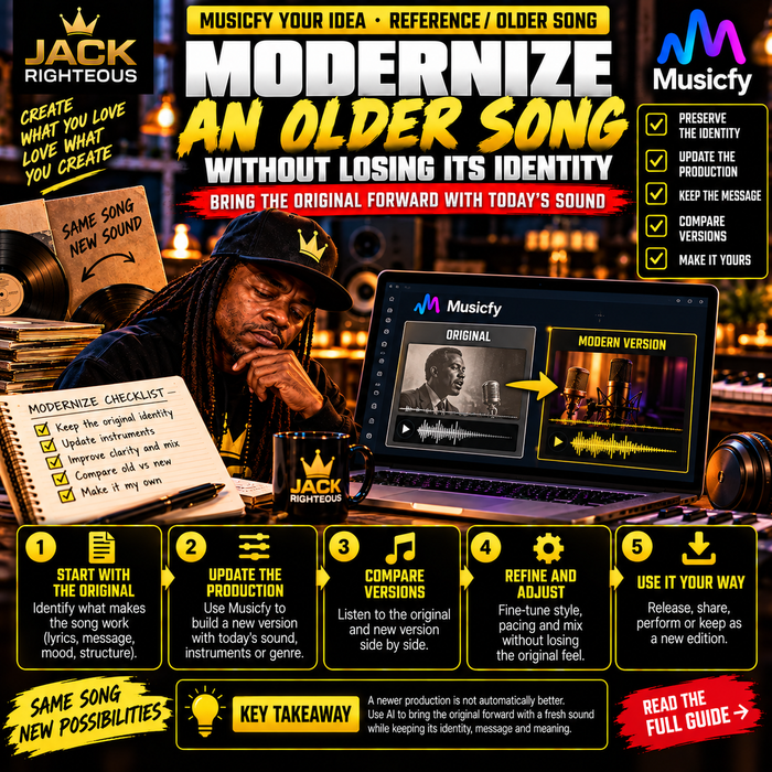 Jack Righteous Musicfy tutorial cover about modernizing an older song while preserving its musical identity.