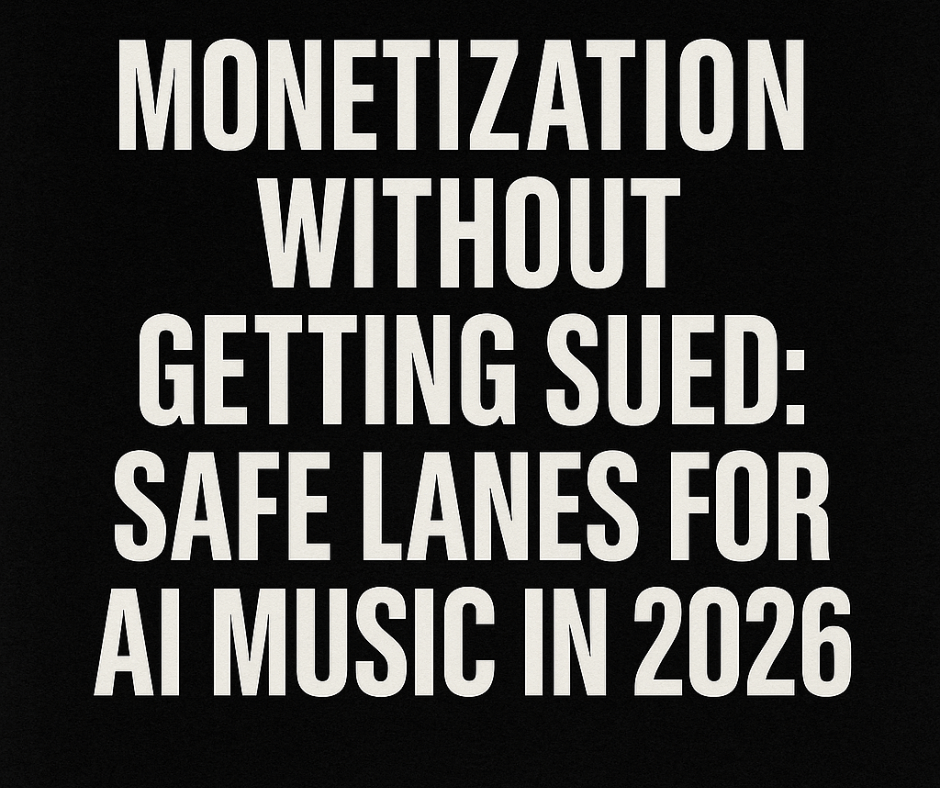 1:1 cover titled “Monetization Without Getting Sued: Safe Lanes for AI Music in 2026” on a black background with bold white text.