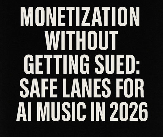 1:1 cover titled “Monetization Without Getting Sued: Safe Lanes for AI Music in 2026” on a black background with bold white text.
