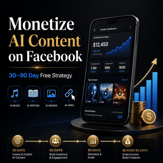 Phone displaying AI content monetization on Facebook with icons and text about a 30-90 day strategy.