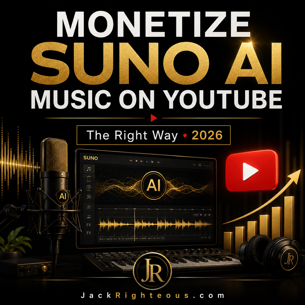 Promotional graphic for monetizing Suno AI music on YouTube with a laptop, microphone, and YouTube logo.