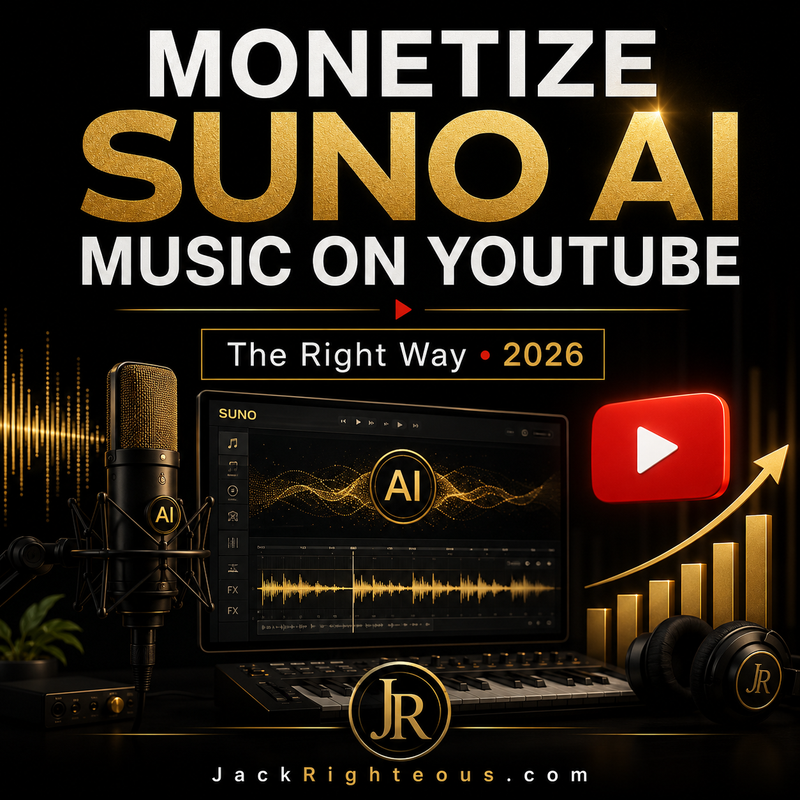 Promotional graphic for monetizing Suno AI music on YouTube with a laptop, microphone, and YouTube logo.