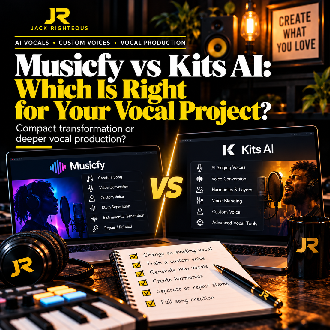 Jack Righteous article cover: Musicfy versus Kits AI comparison for AI singing voice conversion and vocal production.