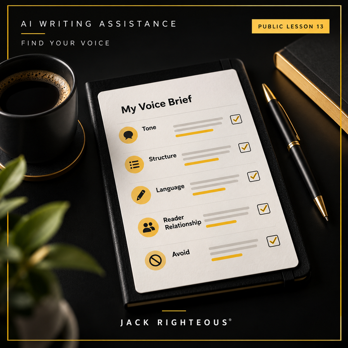 Jack Righteous AI writing lesson cover about making a reusable personal voice brief for ChatGPT.