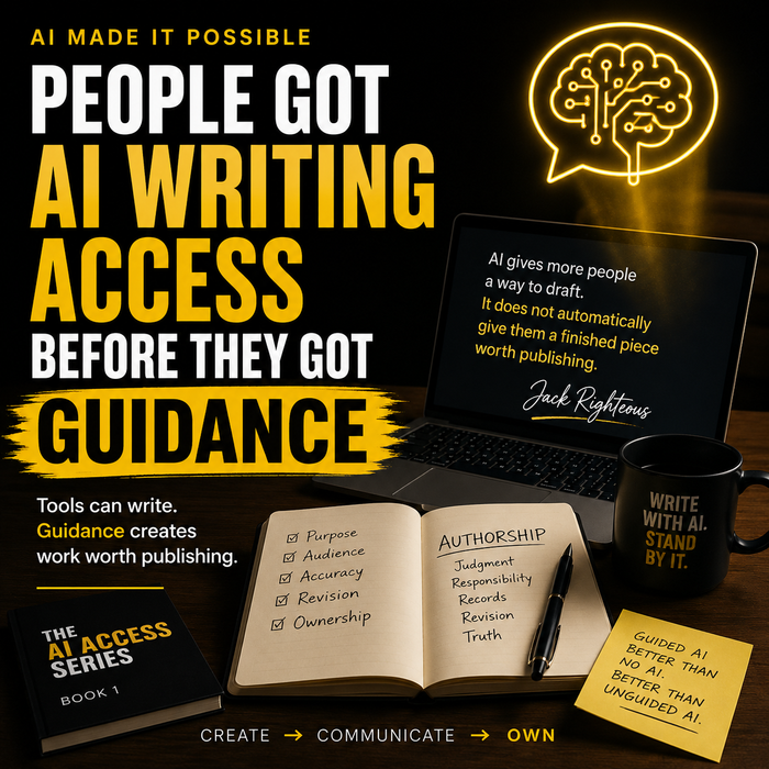 Promotional image for AI writing access with text and a laptop on a desk.