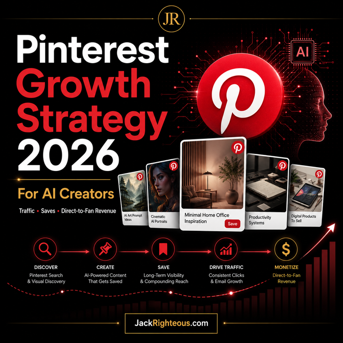 Pinterest Growth Strategy 2026 for AI Creators with Pinterest logo and text on a dark background