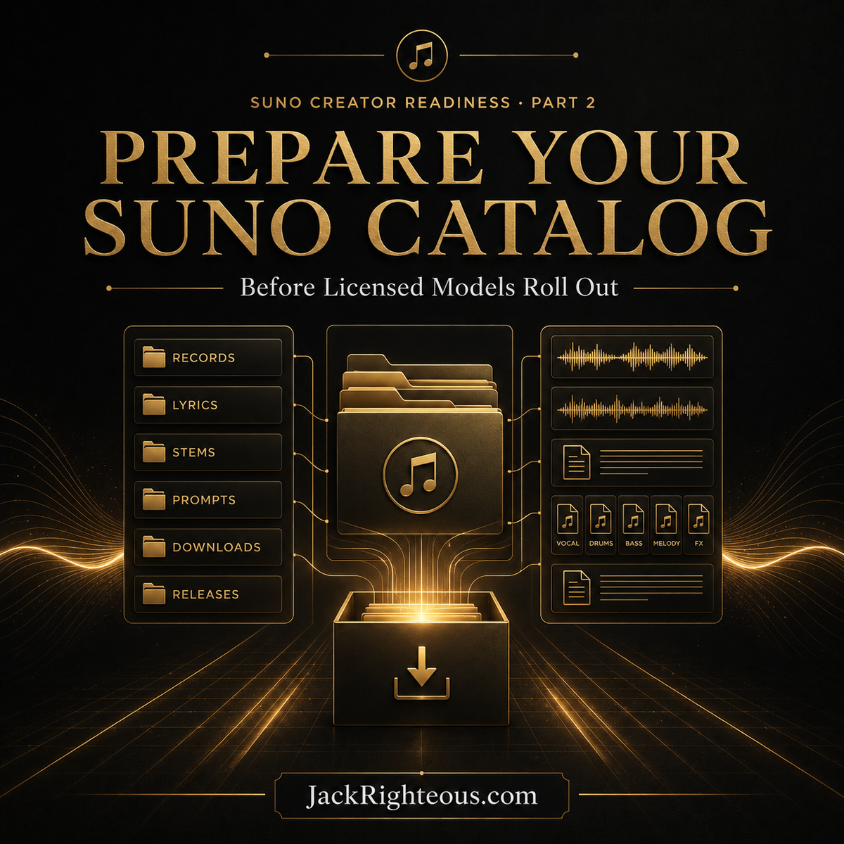 Promotional graphic for 'Prepare Your Suno Catalog' with digital file icons and text on a dark background.