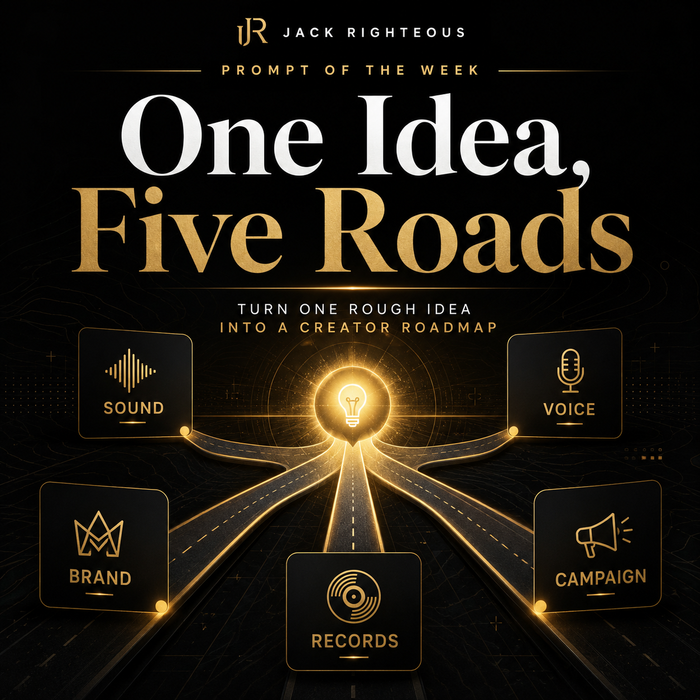 Promotional graphic for 'One Idea, Five Roads' with icons and text on a dark background