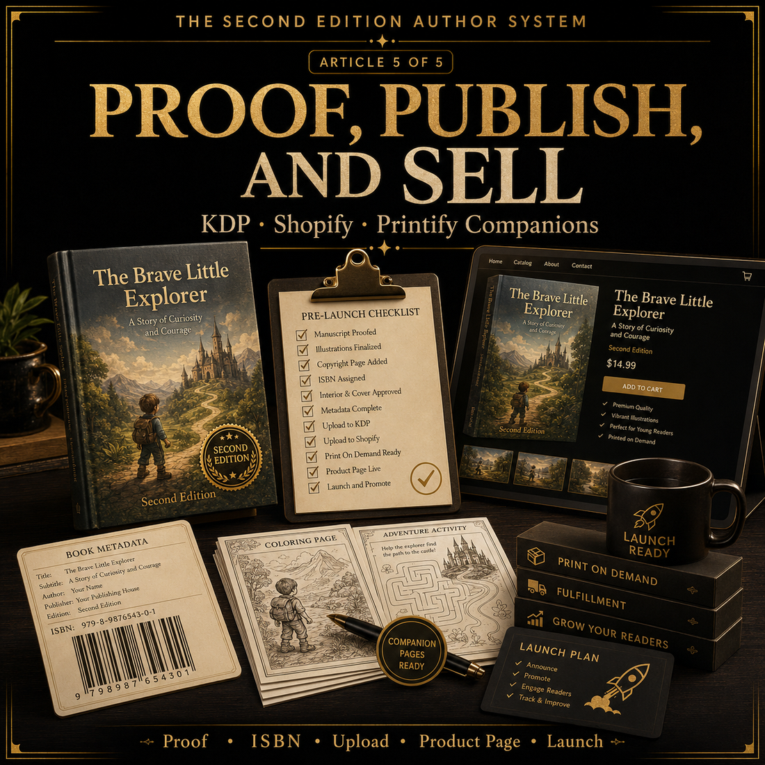 Promotional image for a book publishing system with books, checklist, and branding elements.