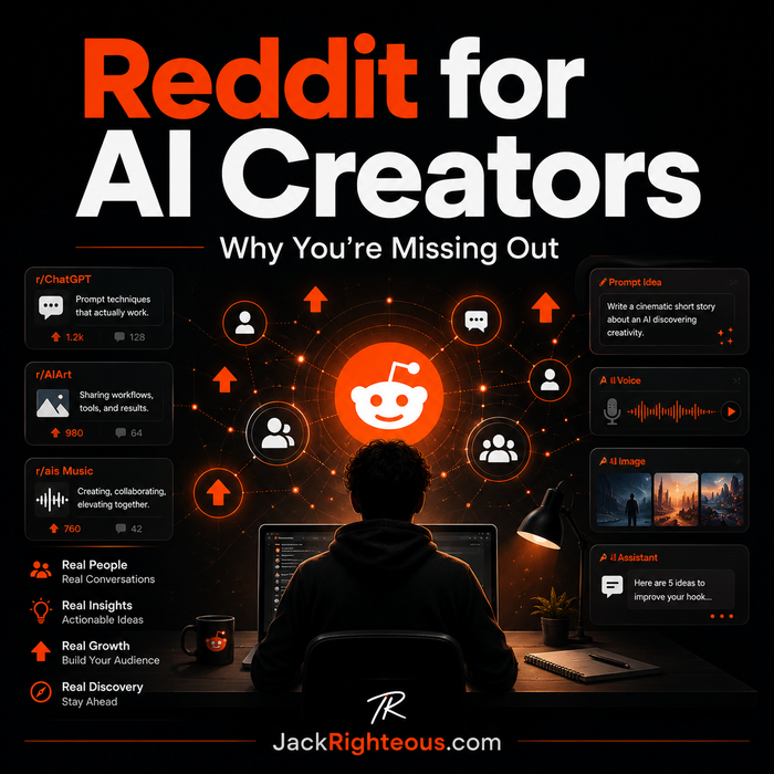 Person sitting at a desk with a computer screen displaying 'Reddit for AI Creators' with various features highlighted.