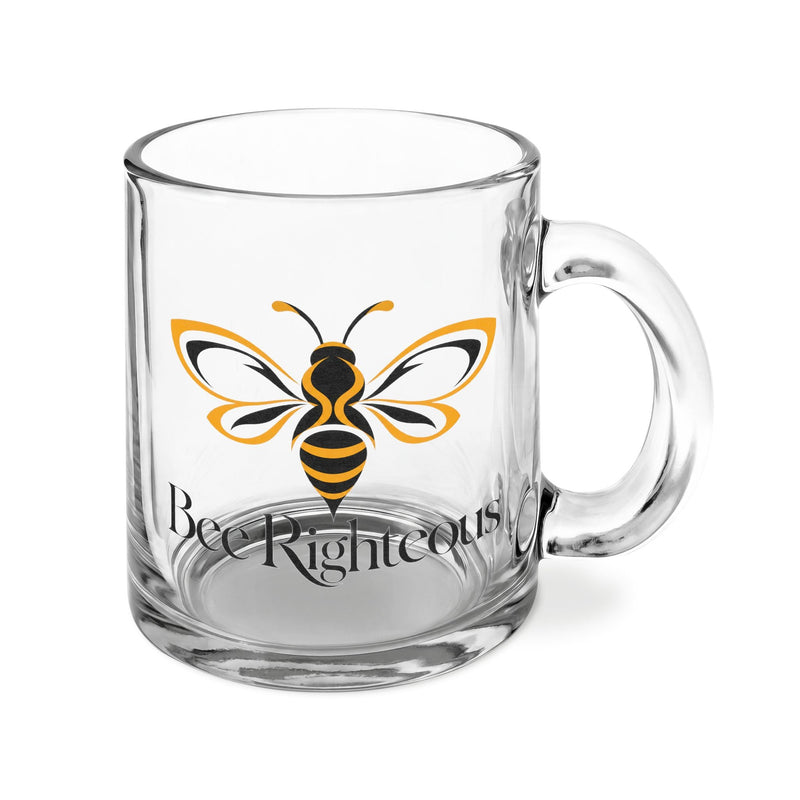 Bee Righteous clear glass bee-design mug on a clean white background