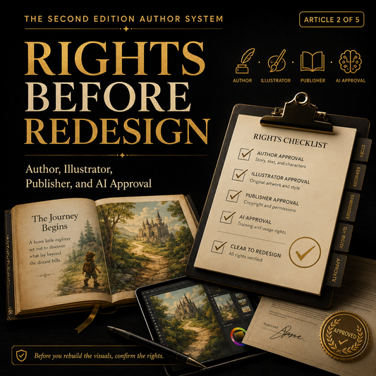 Book cover with 'Rights Before Redesign' title and checklist on a dark background