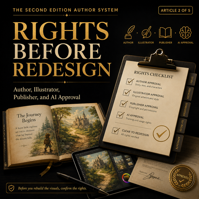 Book cover with 'Rights Before Redesign' title and checklist on a dark background
