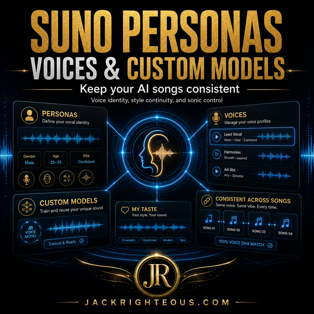Suno Personas and Custom Models interface with branding elements on a dark background