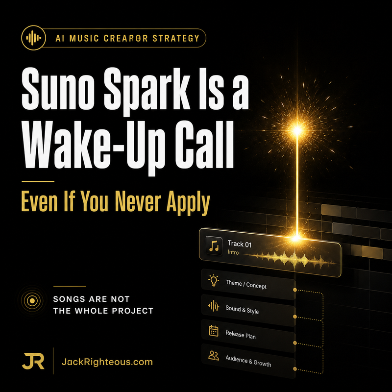 Suno Spark wake-up call cover image showing a glowing spark, AI music project workflow, and Jack Righteous branding with the message that songs are not the whole project.