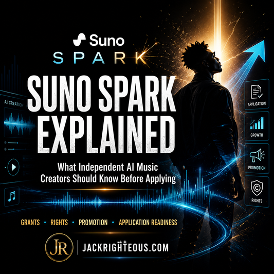 Suno Spark AI music creator guide cover showing artist, waveforms, rights, promotion, and application readiness.