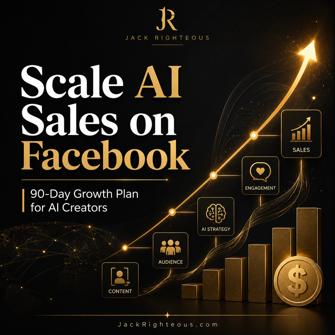 Promotional graphic for 'Scale AI Sales on Facebook' with growth chart and icons on a dark background.