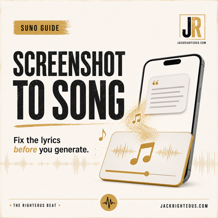 Suno Screenshot to Song guide showing a phone, lyric card, music notes, and JackRighteous.com branding.