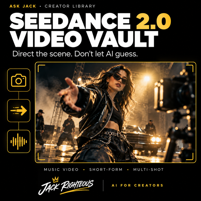 Seedance 2.0 Creator Video Vault for music videos, Reels, motion and multi-shot prompts — JackRighteous.com cover
