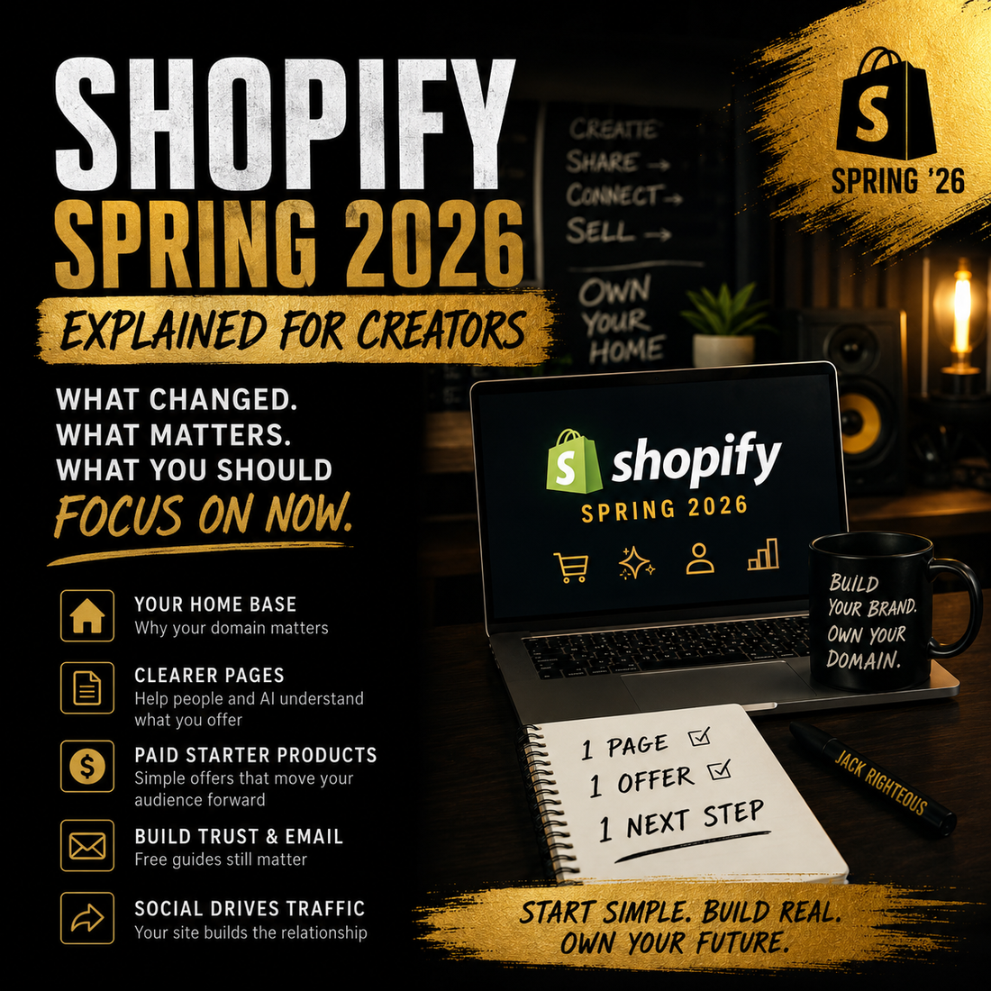 Promotional graphic for Shopify Spring 2026 event with laptop, notebook, and mug on a dark background.