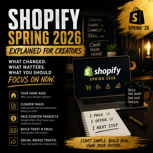 Promotional graphic for Shopify Spring 2026 event with laptop, notebook, and mug on a dark background.