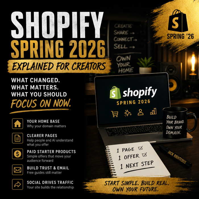 Promotional graphic for Shopify Spring 2026 event with laptop, notebook, and mug on a dark background.